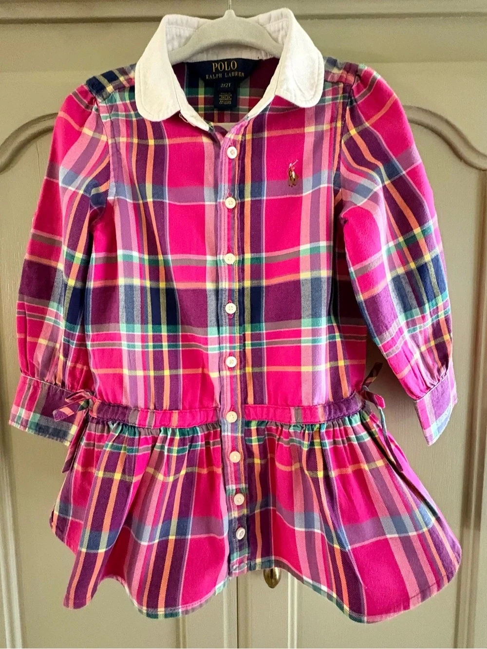 Polo Ralph Lauren Pink Plaid Madras Shirt Dress Dropping Waist Peplum Hem 2T